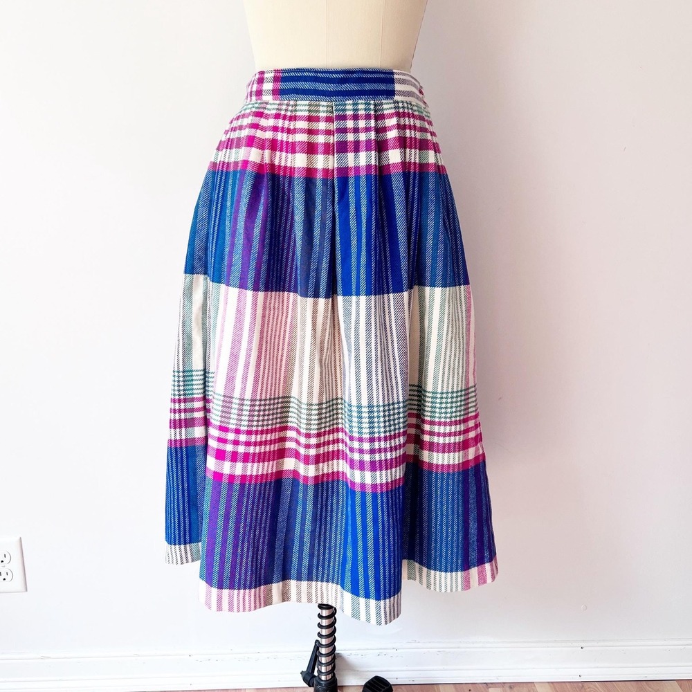 Plaid Midi Skirt‎ Blue Magenta Wool Blend Vintage High Waisted Pockets